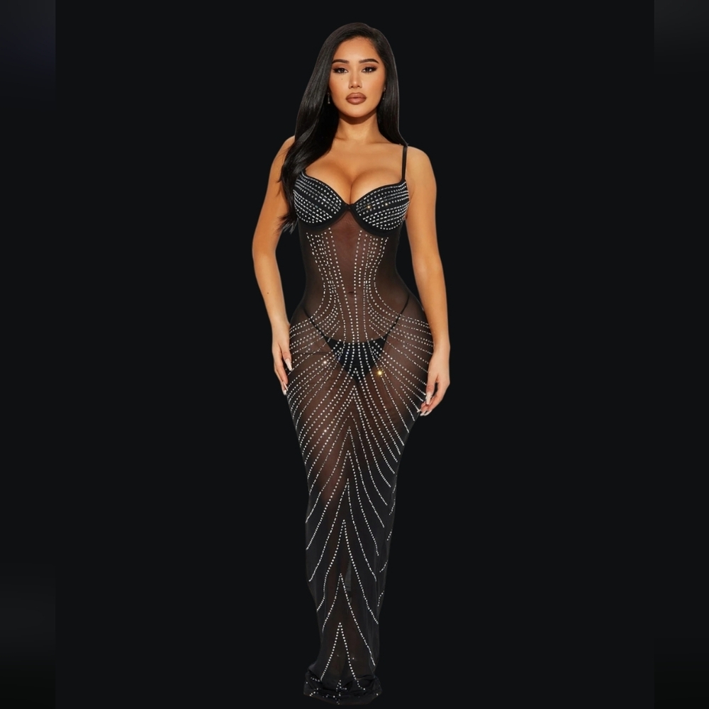 Black Sheer Rhinestone Gown